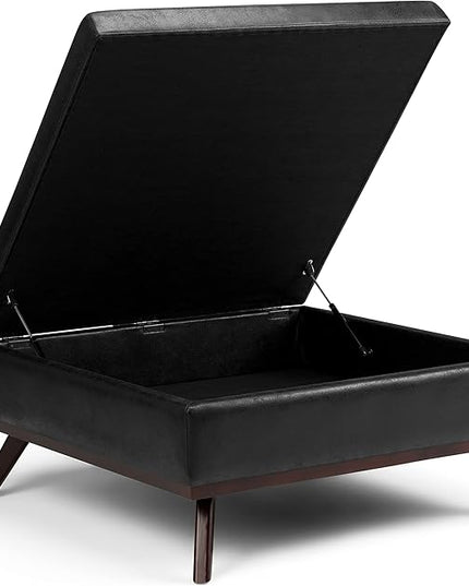 SIMPLIHOME Owen 36 Inch Wide Mid Century Modern Square Coffee Table Lift Top Storage Ottoman in Upholstered Distressed Black Faux Leather, For the Living Room - LeafyLoom