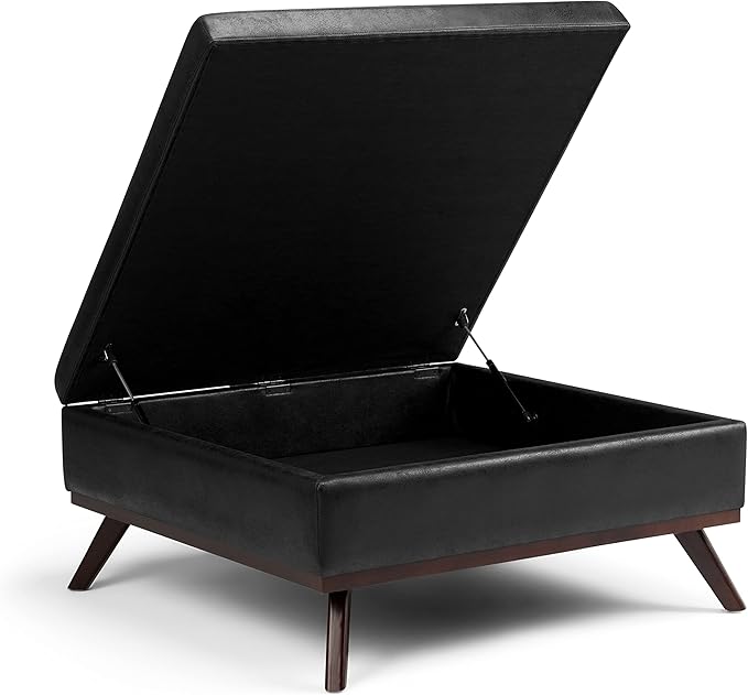 SIMPLIHOME Owen 36 Inch Wide Mid Century Modern Square Coffee Table Lift Top Storage Ottoman in Upholstered Distressed Black Faux Leather, For the Living Room - LeafyLoom