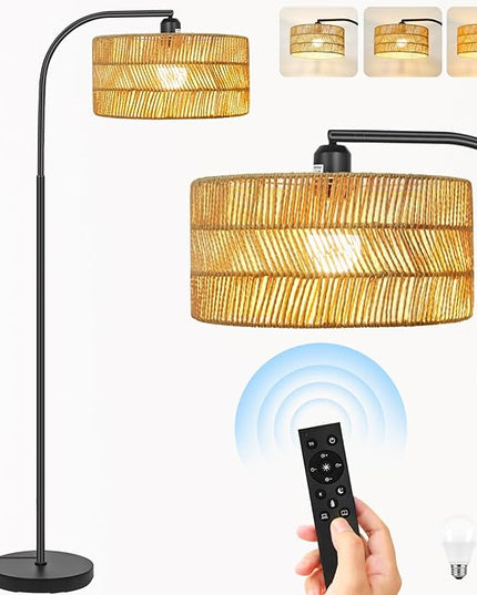 Rattan Floor Lamp- Boho Floor Lamp for Living Room, Rattan Standing Lamps with Dimmable Bulb, Adjustable Rattan Lamp Shades Bohemian Over Couch Lamps for Bedroom, Office - LeafyLoom