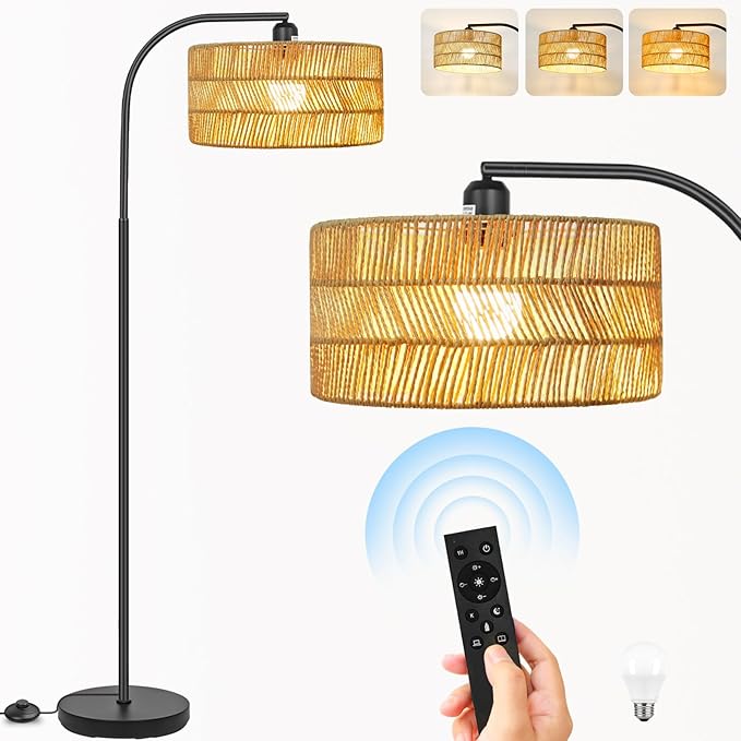 Rattan Floor Lamp- Boho Floor Lamp for Living Room, Rattan Standing Lamps with Dimmable Bulb, Adjustable Rattan Lamp Shades Bohemian Over Couch Lamps for Bedroom, Office - LeafyLoom