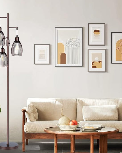 Dimmable Floor Lamp, Industrial Floor Lamps for Living Room, Brown Tree Lamp Standing Lamp Tall Lamps with 3 Elegant Teardrop Cage Head & 800 Lumens LED Bulbs for Living Room Bedroom Office - LeafyLoom
