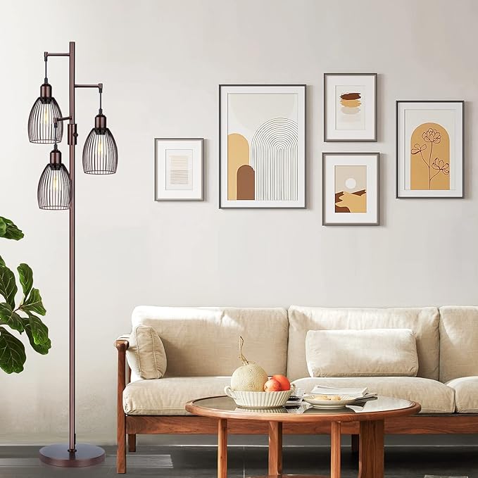 Dimmable Floor Lamp, Industrial Floor Lamps for Living Room, Brown Tree Lamp Standing Lamp Tall Lamps with 3 Elegant Teardrop Cage Head & 800 Lumens LED Bulbs for Living Room Bedroom Office - LeafyLoom