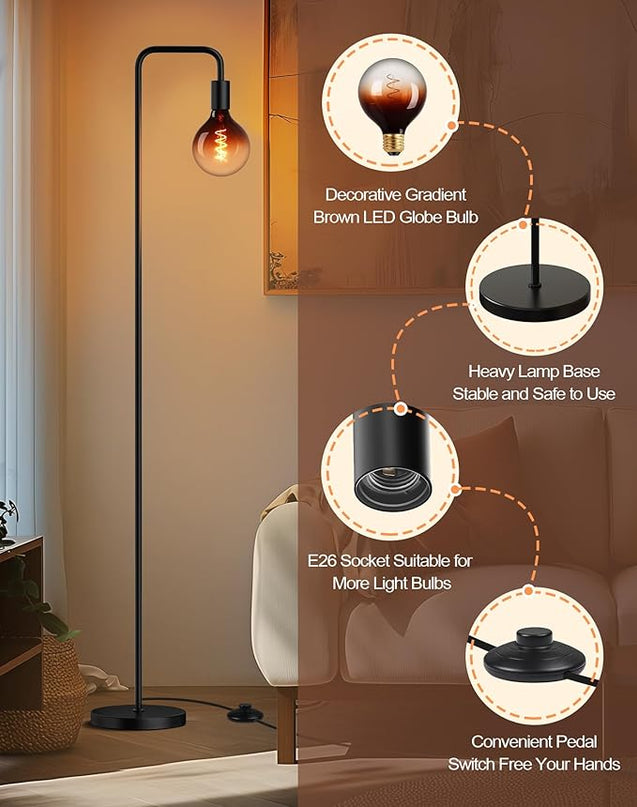 QiMH Floor Lamp for Living Room, Modern Industrial Standing Lamp with 8W LED Bulb, Clear Glass Globe 5", 2200K Warm Light Lighting 67" Minimalist Tall Floor Lamps for Bedroom Office Decor, Black - LeafyLoom