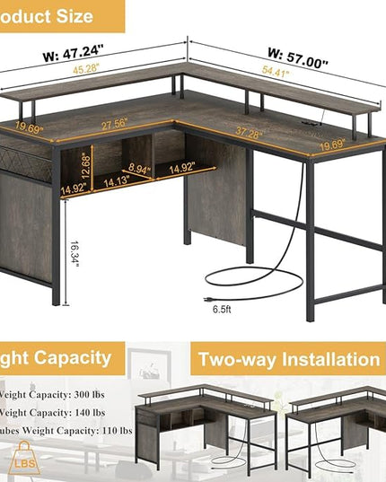 Industrial Home Office Desk with Storage, L Shaped Desk with Power Outlet, Reversible Computer Desk with Monitor Stand, Corner Gaming Desk with Led Lights (Walnut Brown) - LeafyLoom