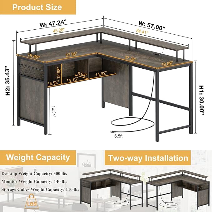 Industrial Home Office Desk with Storage, L Shaped Desk with Power Outlet, Reversible Computer Desk with Monitor Stand, Corner Gaming Desk with Led Lights (Walnut Brown) - LeafyLoom