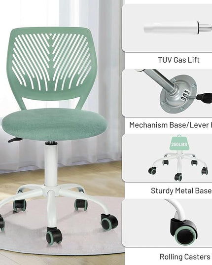 Desk Chair Armless, Kids Office Chair Compact Rolling Fabric Seating Cushion and Plastic Low-Back, Height Adjustable Small Study Computer Task Chair for Student Children Teens with Wheels, Aqua - LeafyLoom