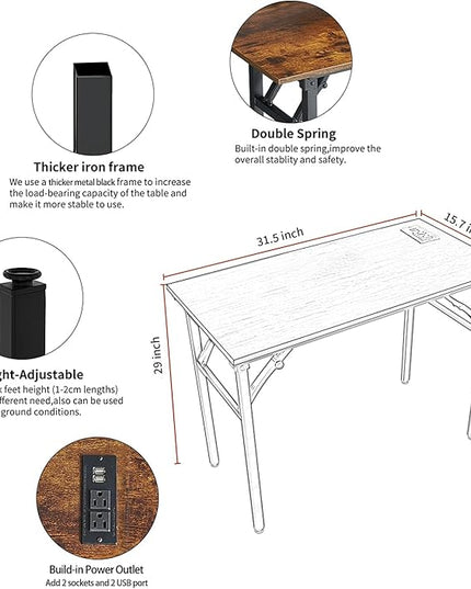 TEMI Folding Desk with USB & Socket 31.5", Computer Desk with Outlet for Home Office, Folding Table for Bedroom, Office Desk for Small Space, Small Desk with Black Frame, Rustic Brown - LeafyLoom