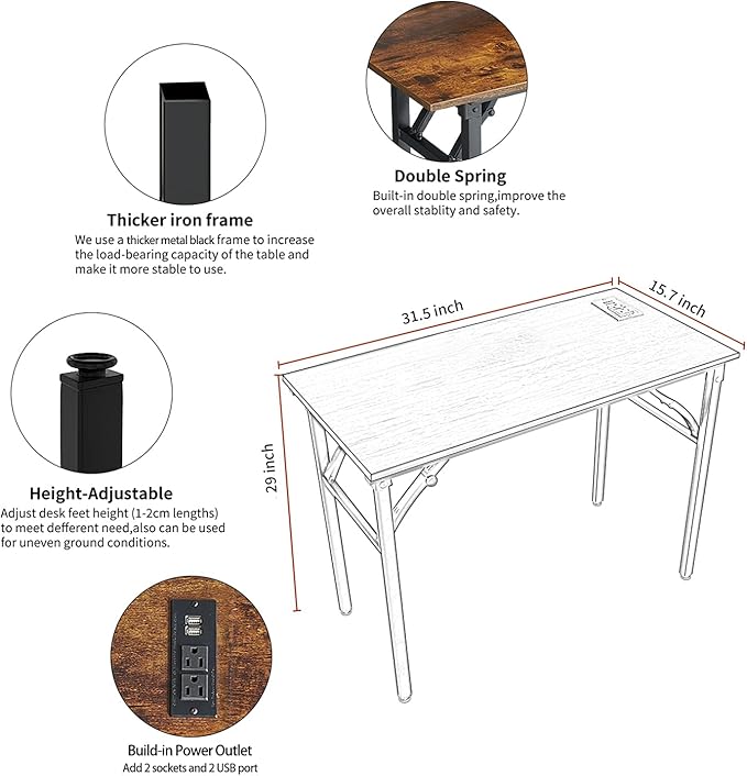 TEMI Folding Desk with USB & Socket 31.5", Computer Desk with Outlet for Home Office, Folding Table for Bedroom, Office Desk for Small Space, Small Desk with Black Frame, Rustic Brown - LeafyLoom