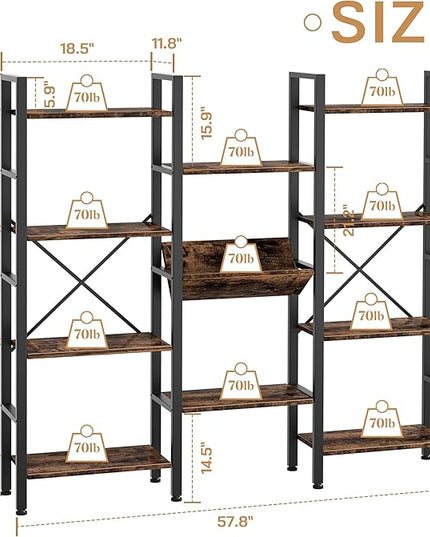 Shintenchi Industrial Bookcase,71.6” Triple 4 Tier Bookshelf with 11 Open Display Shelves,Large Etagere Bookshelf Open Record Player Shelves,Wide Book Shelf Book Case for Home & Office,Rustic Brown - LeafyLoom