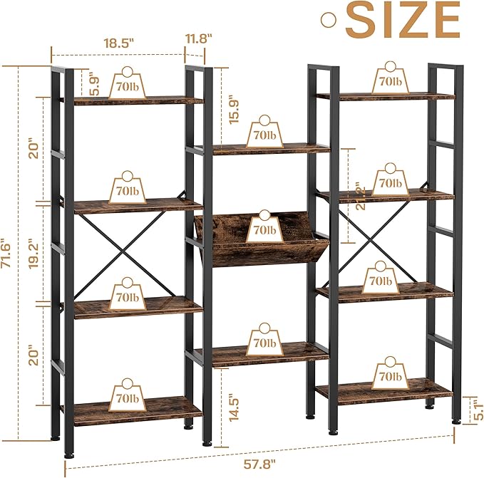 Shintenchi Industrial Bookcase,71.6” Triple 4 Tier Bookshelf with 11 Open Display Shelves,Large Etagere Bookshelf Open Record Player Shelves,Wide Book Shelf Book Case for Home & Office,Rustic Brown - LeafyLoom