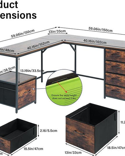 TOPSKY L-Shaped Desk Corner Computer Desk with 18.9" Depth Workstation, Cloth File Cabinet for Letter Size File Folder and 4 Cloth Storage Cabinets (Bamboo, 59 * 59 inch) - LeafyLoom