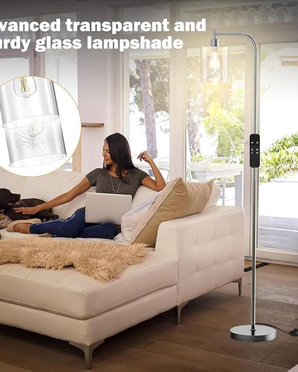 PAZZO LED Floor Lamp, Industrial Standing Lamp with Glass Lampshade, Ideal for Living Room, Bedroom, and Office,Silver(includes Remote Control) - LeafyLoom