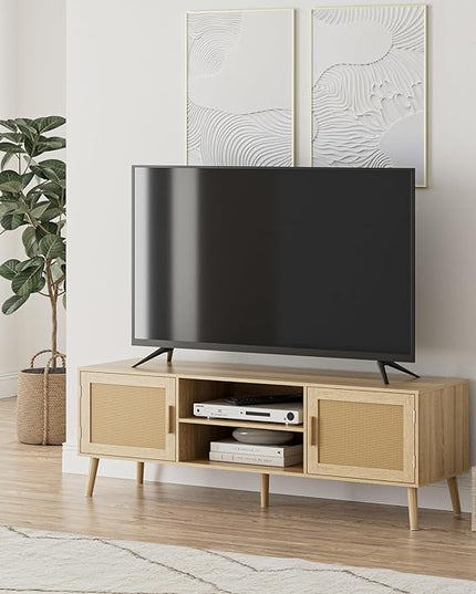 Tv Stand,Entertainment Center with Storage Cabinet, Mid Century Modern Media Console Table, Adjustable Hinge, Wooden Television Furniture for Living Room,Oak - LeafyLoom