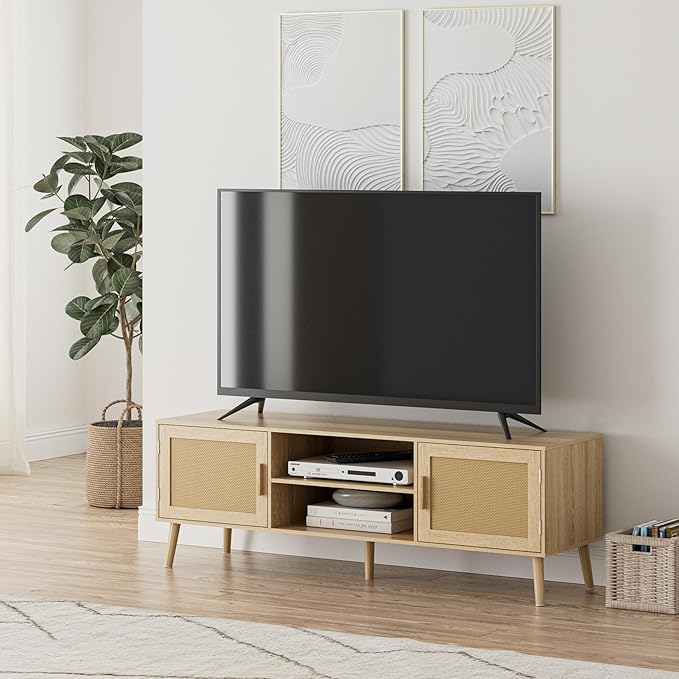 Tv Stand,Entertainment Center with Storage Cabinet, Mid Century Modern Media Console Table, Adjustable Hinge, Wooden Television Furniture for Living Room,Oak - LeafyLoom