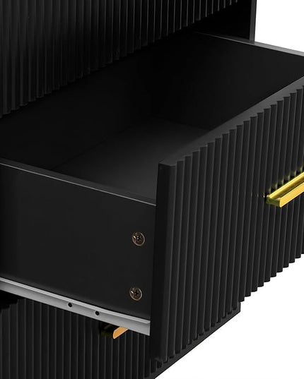 Modern Sideboard MDF with Marble Sticker Tabletop and Amber-Yellow Tempered Glass Doors,Freestanding Buffet Storage Cabinet,W/Gold Metal Legs & Handles,for Dining Room,Kitchen,Black, 60" - LeafyLoom