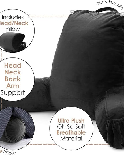 Nestl Reading Pillow with Portable Laptop Lap Desk, Velvet Feel Back Pillow for Sitting in Bed, Shredded Memory Foam Back Support Pillow for Bed, Bed Rest Pillow with Arms, Large - Black - LeafyLoom
