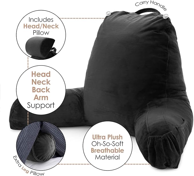 Nestl Reading Pillow with Portable Laptop Lap Desk, Velvet Feel Back Pillow for Sitting in Bed, Shredded Memory Foam Back Support Pillow for Bed, Bed Rest Pillow with Arms, Large - Black - LeafyLoom