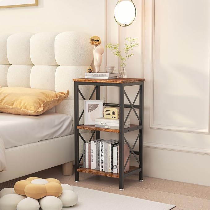YMYNY 3 Tiers Bookcase, Industrial Metal Bookshelf with Side Fence, Storage Organizer for Living Room, Home Office, Bedroom, Display Racks, Sofa Side Table, Rustic Brown, 29.5*15.75*11.4" UHST008H - LeafyLoom
