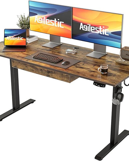 Adjustable Height Electric Standing Desk with Storage Wooden Drawer, 55 x 24 Inches Stand Up Home Office Computer Gaming Table with Splice Board for Work Office Home, Rustic Brown - LeafyLoom