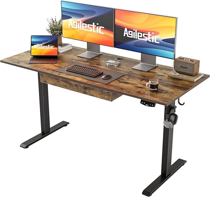 Adjustable Height Electric Standing Desk with Storage Wooden Drawer, 55 x 24 Inches Stand Up Home Office Computer Gaming Table with Splice Board for Work Office Home, Rustic Brown - LeafyLoom