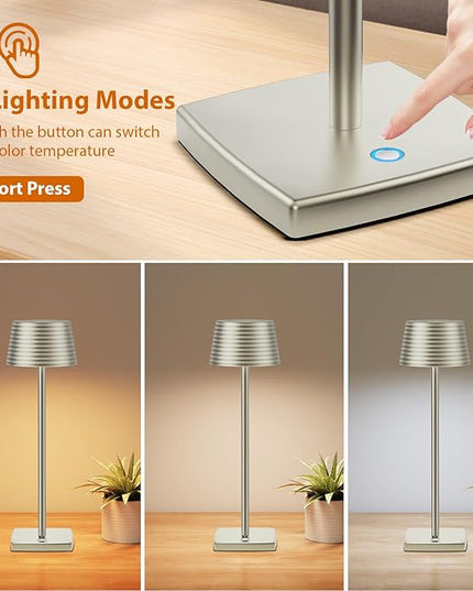Rechargeable Cordless Table Lamp, Battery 6000mAh Metal Aluminum Housing USB LED Portable Powered Desk Lamp, 3 Levels Brightness Night Light for Restaurants Bars Outdoor (Silver) - LeafyLoom
