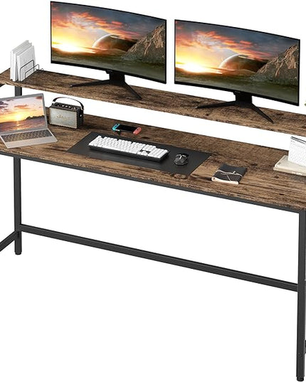 Shintenchi 63 inch Computer Desk with Monitor Stand, Stable Design Writing Desk, Study Workstation Home Office Table with Storage Bag & Hook, Vintage Brown - LeafyLoom