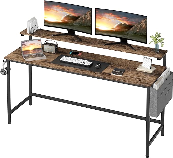 Shintenchi 63 inch Computer Desk with Monitor Stand, Stable Design Writing Desk, Study Workstation Home Office Table with Storage Bag & Hook, Vintage Brown - LeafyLoom