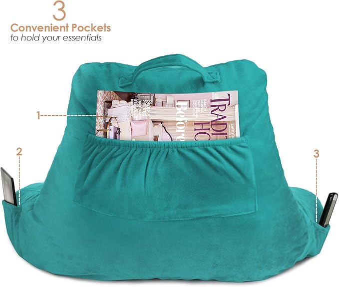 Clara Clark Reading Pillow, Standard Back Pillow for Sitting Up in Bed, Memory Foam Back Support Pillow, Reading Pillows for Sitting in Bed, Teal Sit Up Pillow for Bed Chair Arm Pillow with Pockets - LeafyLoom