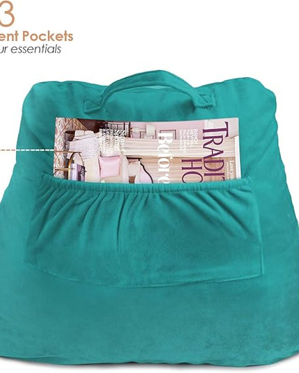 Clara Clark Reading Pillow for Kids, Small Back Pillow for Sitting Up in Bed, Memory Foam Back Support Pillow, Reading Pillows for Sitting in Bed Teal Gaming Pillow for Bed Chair with Arms and Pockets - LeafyLoom