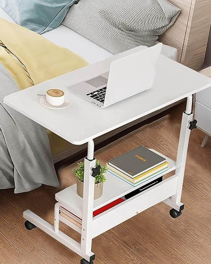 Adjustable Height Mobile Computer Desk for Small Space Rolling Writing with Wheels Corner Home Office Study Portable Bedrooms Work Size 31.5x15.7 Inch Storage Gaming Table, White - LeafyLoom