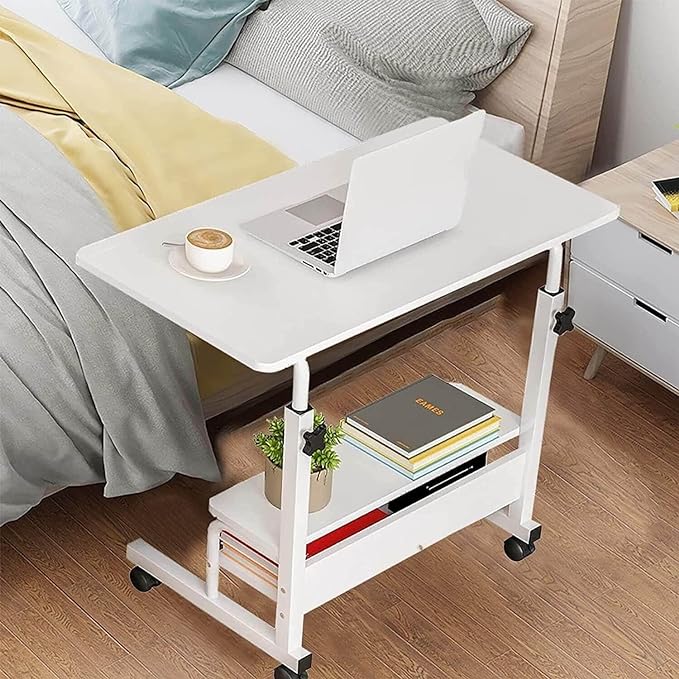 Adjustable Height Mobile Computer Desk for Small Space Rolling Writing with Wheels Corner Home Office Study Portable Bedrooms Work Size 31.5x15.7 Inch Storage Gaming Table, White - LeafyLoom