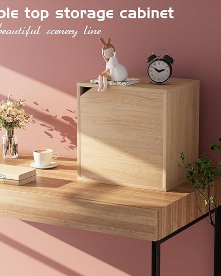 Storage Cube 2 Tires Natural Stackable Storage Shelf with Door, Cubby Organizer Wooden Display Shelf Closet Organizer,Modern Cubical Bookcase Small Storage Cabinet for Living Room Bedroom - LeafyLoom
