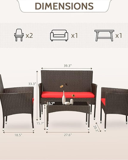FDW 4 Pieces Wicker Patio Conversation Set Patio Furniture Set with Rattan Chair Loveseats Coffee Table for Outdoor Indoor Garden Backyard Porch Poolside Balcony,Brown Wicker/Red Cushions - LeafyLoom
