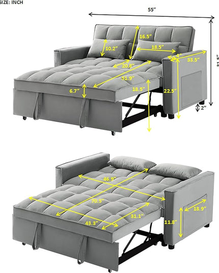 3 in 1 Convertible Loveseat Sleeper Sofa Bed,Modern Velvet Tufted Upholstered Love Seats Sofabed W/Pull Out Sleep Couch and 2 Pillows for Living Room, 55.21", Grey-1123 - LeafyLoom