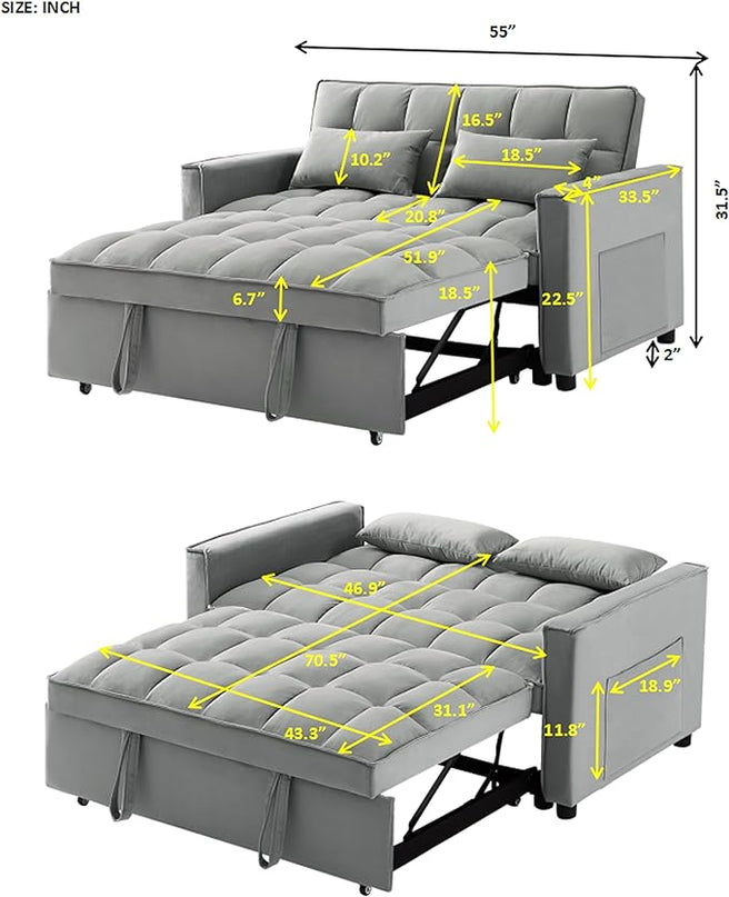 3 in 1 Convertible Loveseat Sleeper Sofa Bed,Modern Velvet Tufted Upholstered Love Seats Sofabed W/Pull Out Sleep Couch and 2 Pillows for Living Room, 55.21", Grey-1123 - LeafyLoom