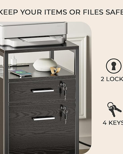 SUPERJARE File Cabinet with Lock & Charging Station, 2 Drawers Rolling Filing Cabinet, Office File Cabinet with Wheels & Open Shelf, for Home Office, A4/Letter Size Files Under Desk - Black - LeafyLoom