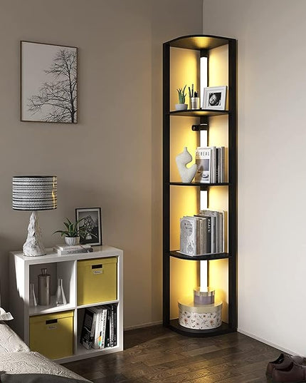 VTRIN Corner Shelf with Light, Modern Home Decor Stand Floor Lamps with Storage Shelves for Collectibles, Sturdy 5-Tier Corner Bookshelf Cabinet Display Shelf for Living Room Bedroom Small Space - LeafyLoom