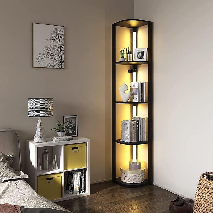VTRIN Corner Shelf with Light, Modern Home Decor Stand Floor Lamps with Storage Shelves for Collectibles, Sturdy 5-Tier Corner Bookshelf Cabinet Display Shelf for Living Room Bedroom Small Space - LeafyLoom
