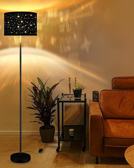 Black Floor Lamps for Living Room Bedroom, Bright Modern Standing Lamp with LED Bulb(6W Bulb), Black Star Lamp Shade, 59" Tall, Footswitch, Simple Reading Floor Lamps Corner Lamp for Office/Den - LeafyLoom