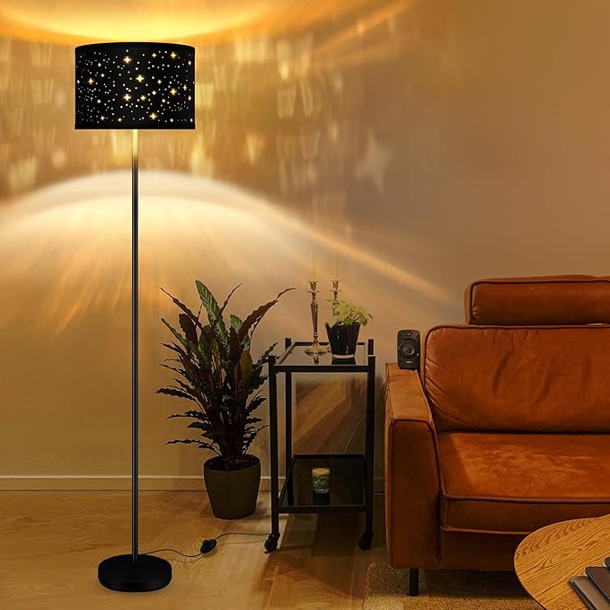 Black Floor Lamps for Living Room Bedroom, Bright Modern Standing Lamp with LED Bulb(6W Bulb), Black Star Lamp Shade, 59" Tall, Footswitch, Simple Reading Floor Lamps Corner Lamp for Office/Den - LeafyLoom