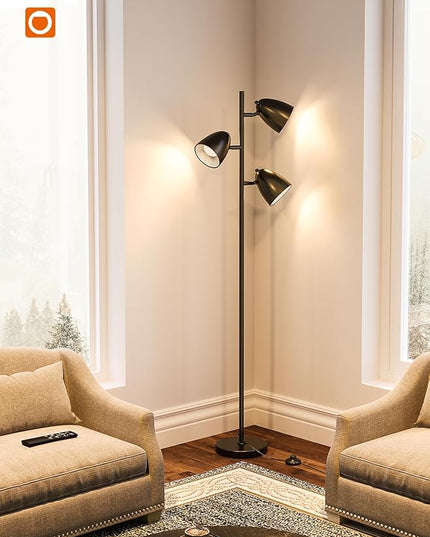 addlon Tree Floor Lamp with remote, 3 Adjustable Rotating Light and Matching LED Bulbs, Standing Tall Pole Lamps for Living Room, Bedroom, Home, Office - Black - LeafyLoom