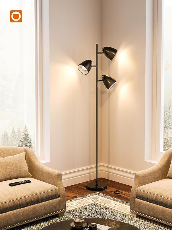 addlon Tree Floor Lamp with remote, 3 Adjustable Rotating Light and Matching LED Bulbs, Standing Tall Pole Lamps for Living Room, Bedroom, Home, Office - Black - LeafyLoom