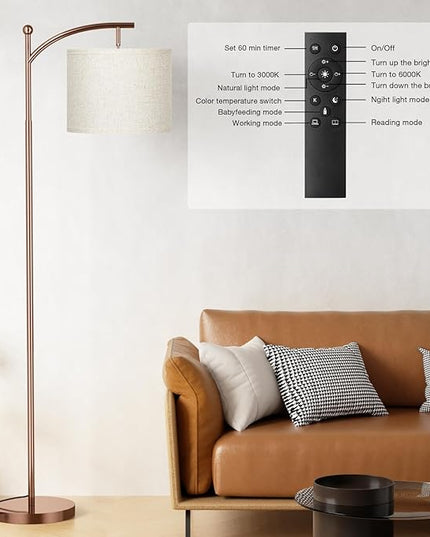 Ambimall Floor Lamp with Remote Control and Stepless Dimmable Bulb, Colors Temperature & Brightness Adjustable, Modern Floor Lamps for Living Room（Beige Shade & Brown Pole） - LeafyLoom