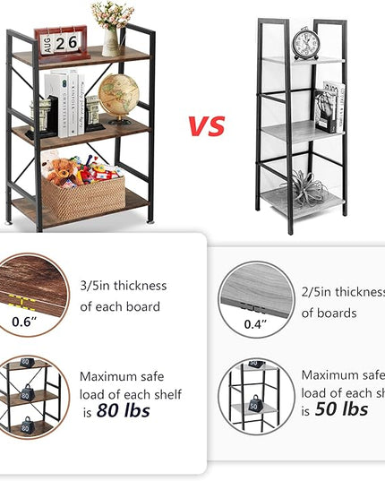 TooCust 3 Tier Bookshelf, 37" x 23" x 12.6", 3 Tier Bookcase, 3 Shelf Bookshelf, Vintage Standing Metal Frame Book Shelves, Small Bookshelf, Rustic Brown - LeafyLoom