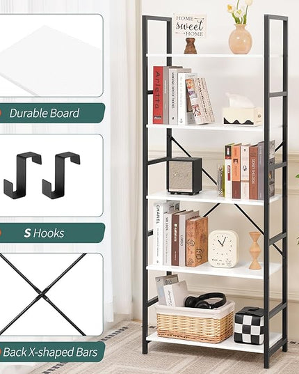 Yoobure 5 Tier Bookshelf - Tall Book Shelf Modern Bookcase for CDs/Movies/Books, Rustic Book Case Industrial Bookshelves Book Storage Organizer for Bedroom Home Office Living Room White - LeafyLoom