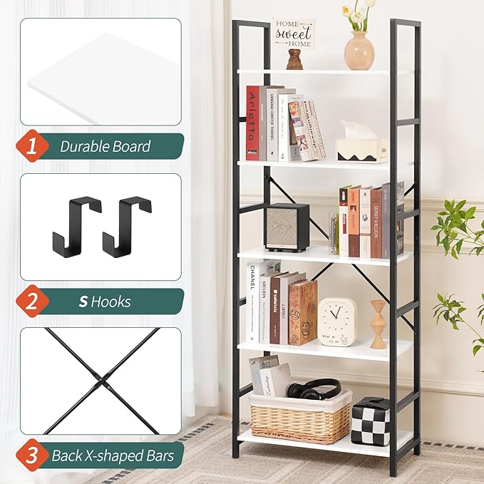 Yoobure 5 Tier Bookshelf - Tall Book Shelf Modern Bookcase for CDs/Movies/Books, Rustic Book Case Industrial Bookshelves Book Storage Organizer for Bedroom Home Office Living Room White - LeafyLoom