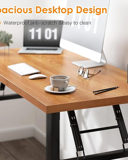 Need Computer Desk Office Desk 55 inches Folding Table Computer Table Workstation No Install Needed,Teak Black AC5BB-140X - LeafyLoom