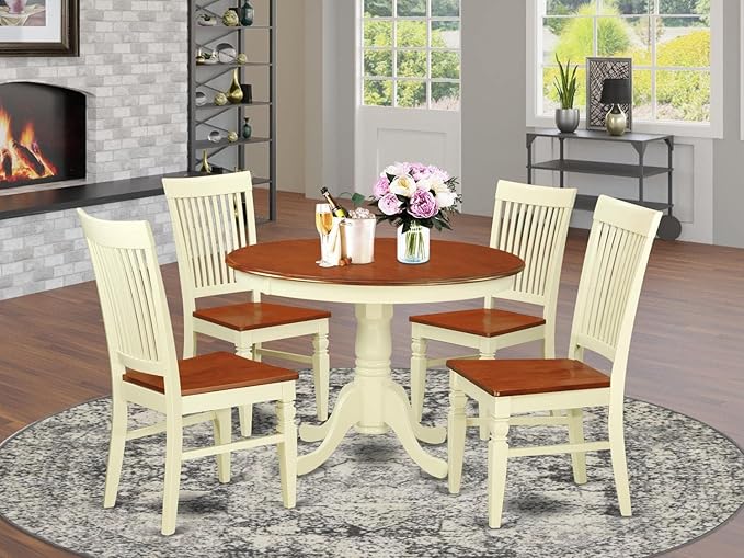 East West Furniture HLWE5-BMK-W Hartland 5 Piece Room Set Includes a Round Kitchen Table with Pedestal and 4 Dining Chairs, 42x42 Inch - LeafyLoom