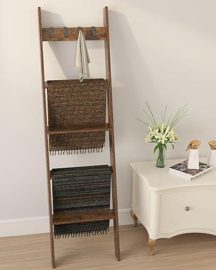IBUYKE 5-Tier Blanket Ladder Shelf,Ladder Rack for Storage and Decor,Wooden Blanket Holder with Hooks,Easy Assembly for Bedroom,Rustic Brown TTR006H - LeafyLoom