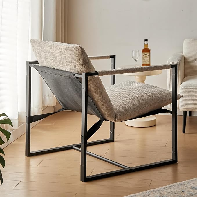 Wimarsbon Modern Accent Chair, Mid Century Sitting Chair with Sponge Cushion, Comfy and Sturdy Lounge Chair with Metal Leg for Bedroom, Living Room, Office,Easy Assembly (Linen-Beige) - LeafyLoom